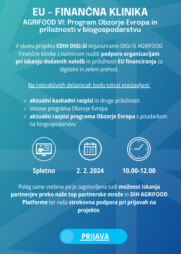 DIGI-SI EU AGRIFOOD Finančna klinika VI: Program Obzorje Evropa in priložnosti v biogospodarstvu